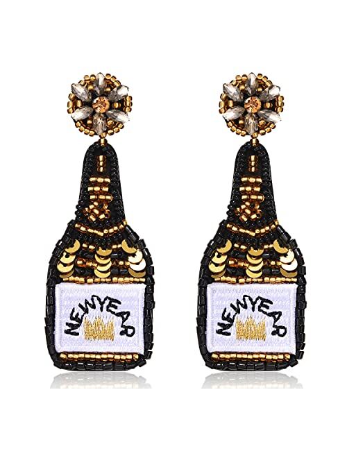 Phalin Beaded Champagne Bottle Earrings for Women Handmade Bead Champagne Drop Dangle Earring Statement Earring Studs for Birthday Holiday Parties Gifts