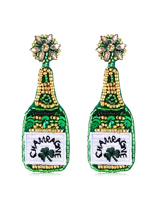 Phalin Beaded Champagne Bottle Earrings for Women Handmade Bead Champagne Drop Dangle Earring Statement Earring Studs for Birthday Holiday Parties Gifts