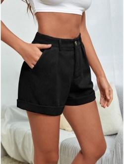 EZwear High Waist Roll Hem Corduroy Shorts