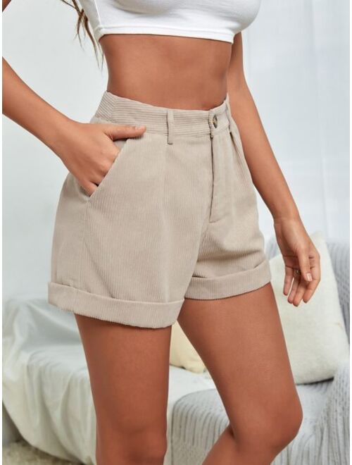 SHEIN EZwear High Waist Roll Hem Corduroy Shorts