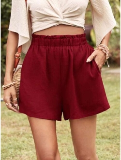 Solid Elastic Waist Slant Pocket Shorts