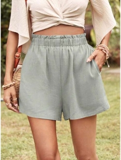 Solid Elastic Waist Slant Pocket Shorts