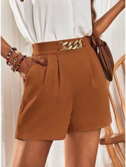 Frenchy Chain Detail Slant Pockets Fold Pleated Shorts