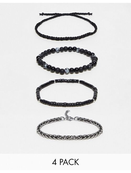 ASOS DESIGN festival 4 pack bracelet set in chain bead and cord mix in black