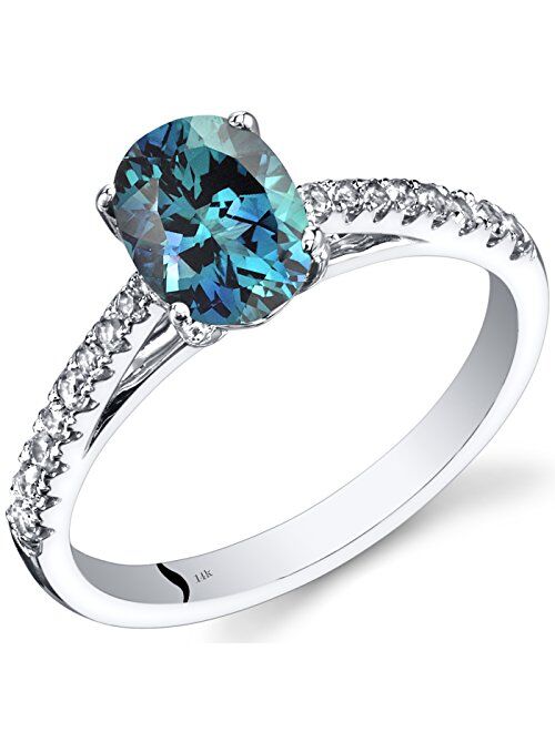 Peora Created Alexandrite and Genuine White Topaz Ring for Women 14K White Gold, 1.50 Carats Oval Shape 8x6mm, Size 7