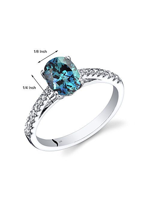 Peora Created Alexandrite and Genuine White Topaz Ring for Women 14K White Gold, 1.50 Carats Oval Shape 8x6mm, Size 7