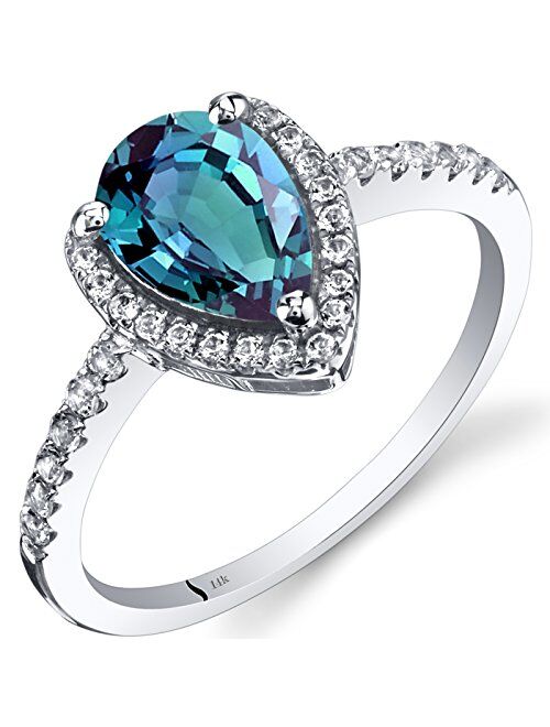 Peora Created Alexandrite Teardrop Halo Ring for Women 14K White Gold with Genuine White Topaz, Color Changing 1.50 Carats Pear Shape 9x6mm, Sizes 5 to 9