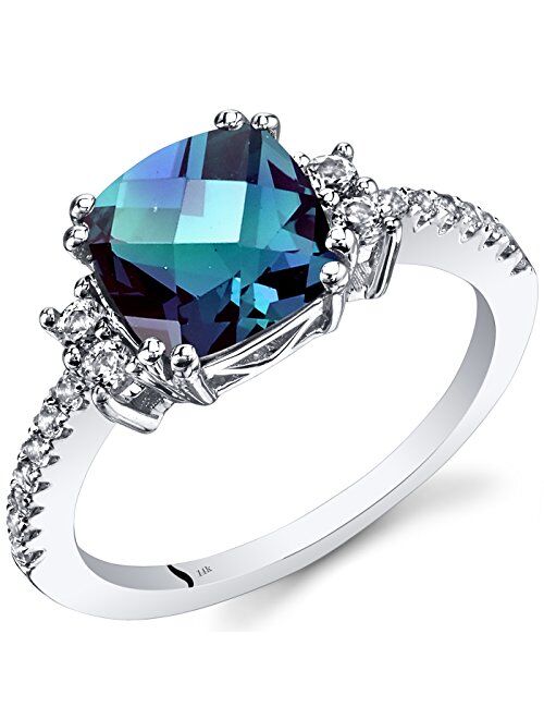 Peora Created Alexandrite Ring for Women in 14K White Gold with Genuine White Topaz, Color Changing Cushion Cut, 2.78 Carats total, Comfort Fit, Sizes 5 to 9