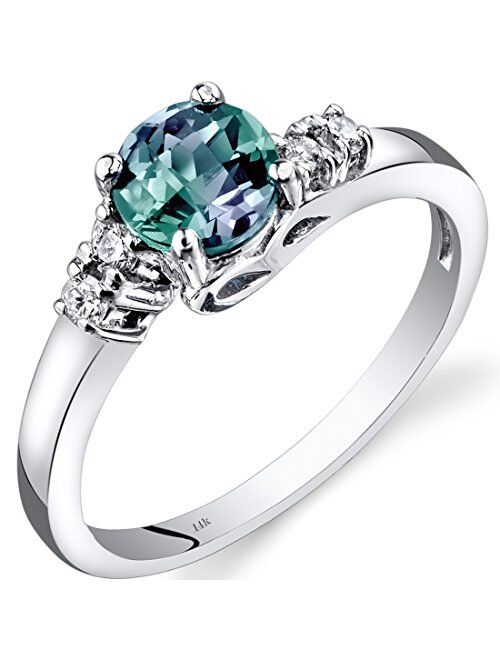 Peora Created Alexandrite Solstice Ring for Women 14K White Gold with Genuine Diamonds, Color Changing 1 Carat Round Shape 6mm, Comfort Fit, Sizes 5 to 9