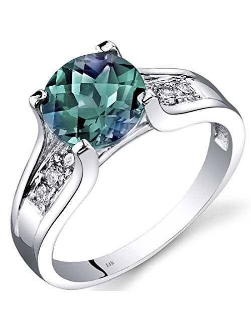 Peora Created Alexandrite and Genuine Diamond Cathedral Ring for Women in 14K White Gold, Color Changing 2.25 Carats Round Shape 8mm, Comfort Fit, Sizes 5 to 9