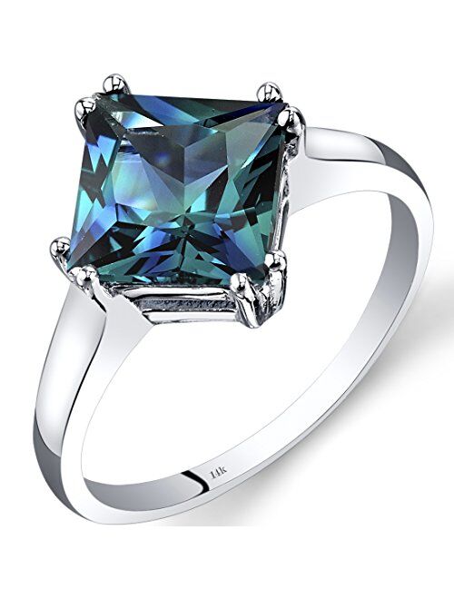 Peora Created Alexandrite Classic Solitaire Ring for Women in 14K White Gold, Color Changing 2.75 Carats Princess Cut 8mm, Comfort Fit, Sizes 5 to 9