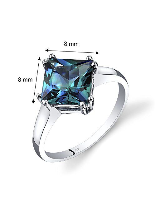 Peora Created Alexandrite Classic Solitaire Ring for Women in 14K White Gold, Color Changing 2.75 Carats Princess Cut 8mm, Comfort Fit, Sizes 5 to 9