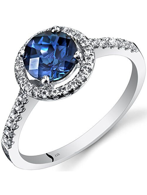 Peora Created Alexandrite with Genuine White Topaz Ring for Women 14K White Gold, Halo Solitaire, Color-Changing Round Shape 6.50mm, Sizes 5 to 9