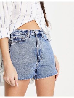 Weekday Rowe high waisted denim mom short in pen blue wash