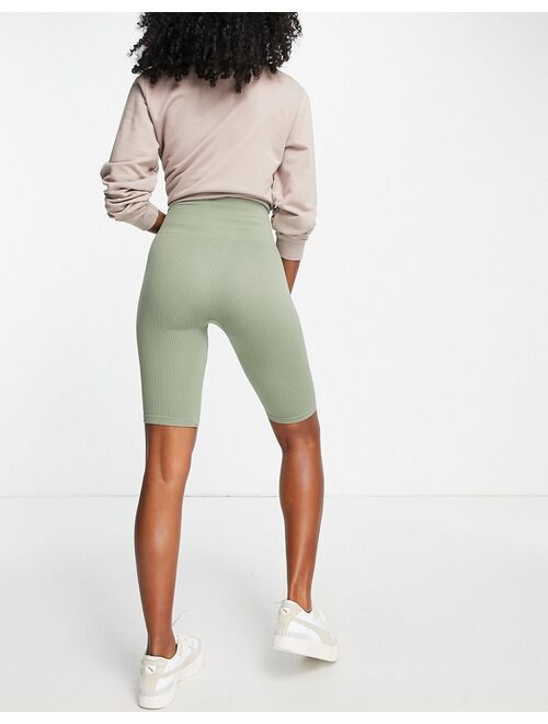 Stradivarius seamless ribbed legging shorts in sage