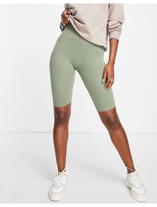 Stradivarius seamless ribbed legging shorts in sage