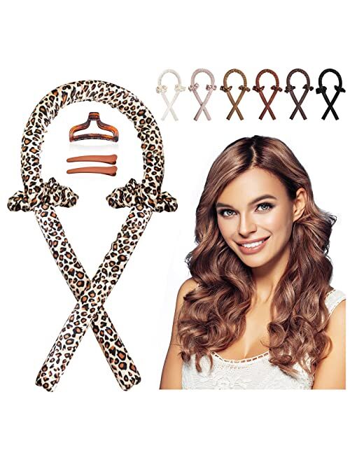 cobinaan Women Heatless Curlers For Long Hair, Heatless Curling Rod Headband Sleeping Soft Rubber Hair Rollers, Curling Ribbon and Rods for Natural Hair (Leopard)