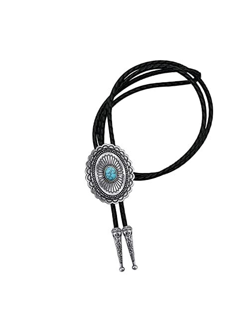 YOQUCOL Vintage American Western Cowboy Indian Art Stone Genunie Leather Bolo Tie For Men Women