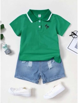 Toddler Boys Palm Tree Embroidery Polo Shirt & Ripped Denim Shorts