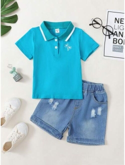 Toddler Boys Palm Tree Embroidery Polo Shirt & Ripped Denim Shorts