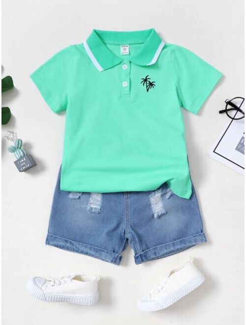 Shein Toddler Boys Palm Tree Embroidery Polo Shirt & Ripped Denim Shorts