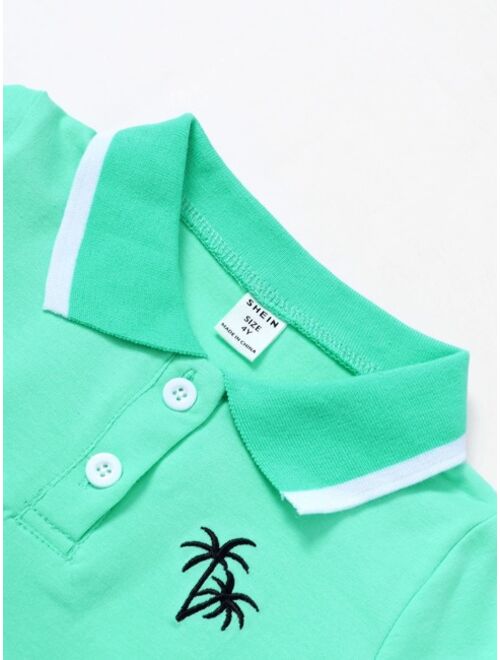 Shein Toddler Boys Palm Tree Embroidery Polo Shirt & Ripped Denim Shorts