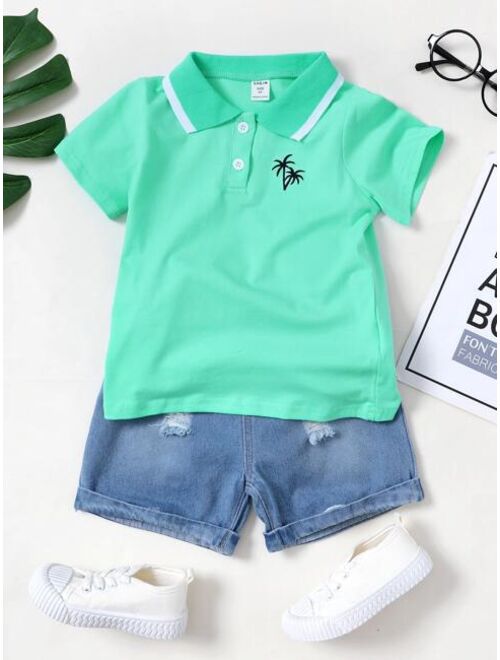 Shein Toddler Boys Palm Tree Embroidery Polo Shirt & Ripped Denim Shorts