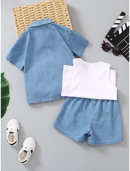 Shein Toddler Boys Solid Tank Top & Dual Pocket Denim Shirt & Denim Shorts