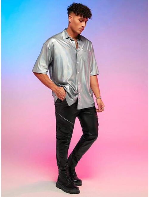 SHEIN Men Button Front Metallic Shirt Without Tee