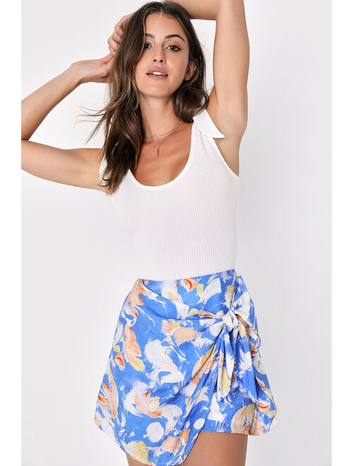 Lulus Headed to Paradise Blue Abstract Print Tie-Front Skort