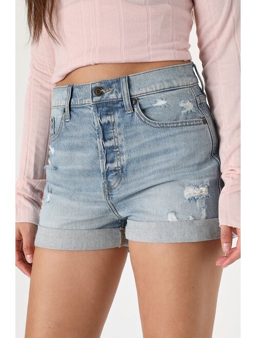 Lulus Olivia Light Wash Distressed Ultra High Rise Cuffed Mom Shorts