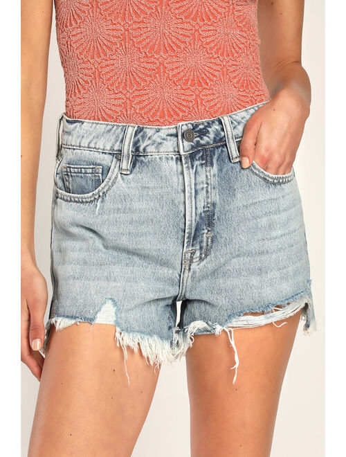 Lulus Hidden Jeans Sofie Light Wash High Rise Distressed Raw Hem Denim Shorts