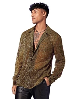 Men's Sheer Mesh See Through Glitter Button Front Long Sleeve Shirt Tops