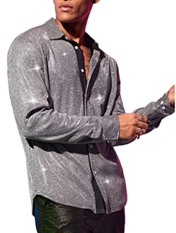 Men's Sheer Mesh See Through Glitter Button Front Long Sleeve Shirt Tops