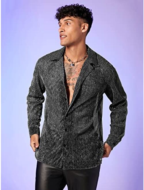 WDIRARA Men's Sheer Mesh See Through Glitter Button Front Long Sleeve Shirt Tops