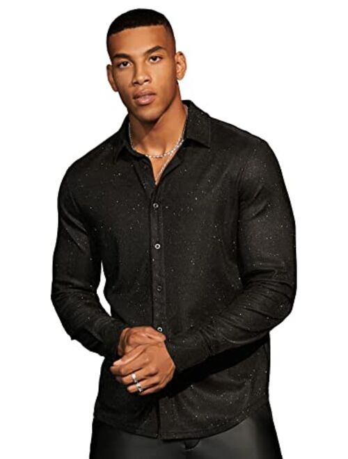 WDIRARA Men's Sheer Mesh See Through Glitter Button Front Long Sleeve Shirt Tops