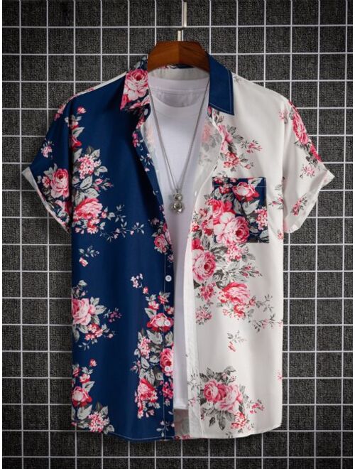 Men Two Tone Floral Print Patched Pocket Shirt