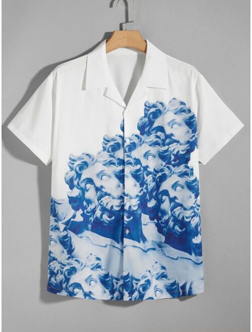 Men Statue Print Button Up Shirt