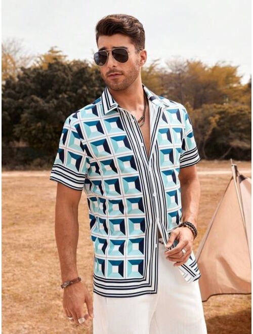 Men Geo Print Striped Trim Shirt