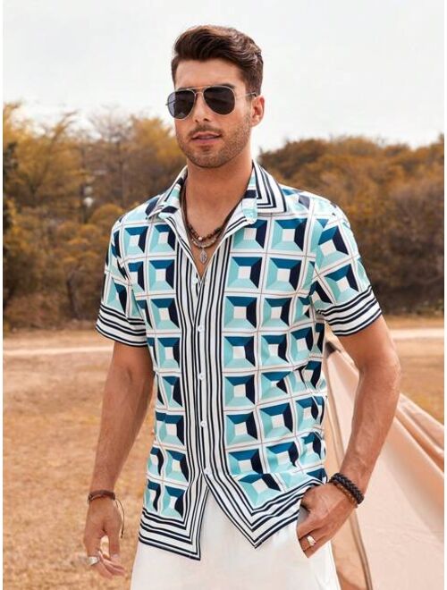 Men Geo Print Striped Trim Shirt