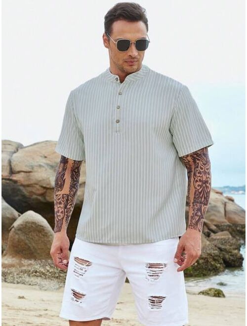 Extended Sizes Men Striped Print Half Button Shirt