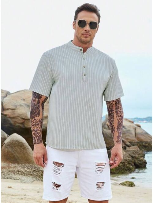 Extended Sizes Men Striped Print Half Button Shirt