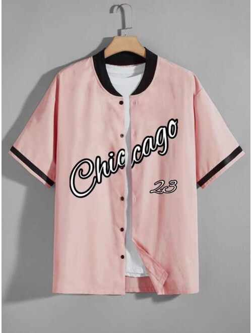 Men 1pc Letter Graphic Baseball Collar Shirt