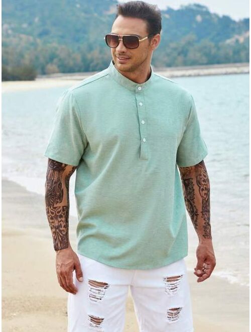 Extended Sizes Men Half Button Solid Shirt