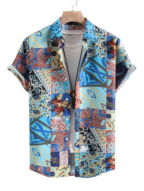 ROMWE Guys Paisley Patchwork Button Front Shirt