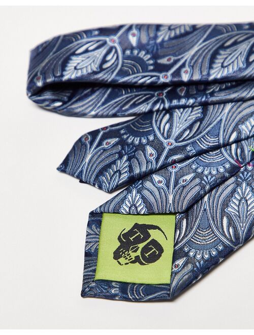 Twisted Tailor tie in blue with peacock design