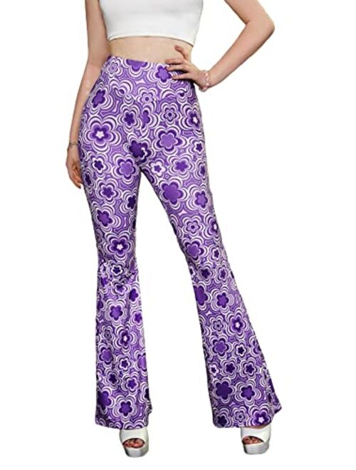 Romwe Women's Bootcut High Waisted Yoga Pants Sunflower Print Wide Leg Pants Trousers