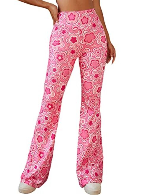 Romwe Women's Bootcut High Waisted Yoga Pants Sunflower Print Wide Leg Pants Trousers