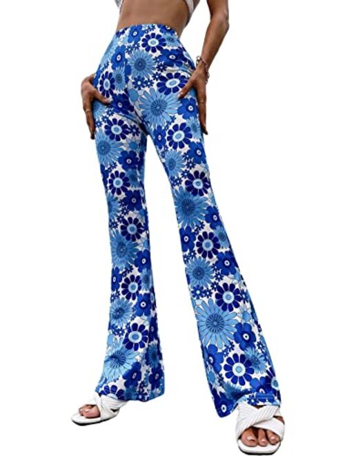 Romwe Women's Bootcut High Waisted Yoga Pants Sunflower Print Wide Leg Pants Trousers