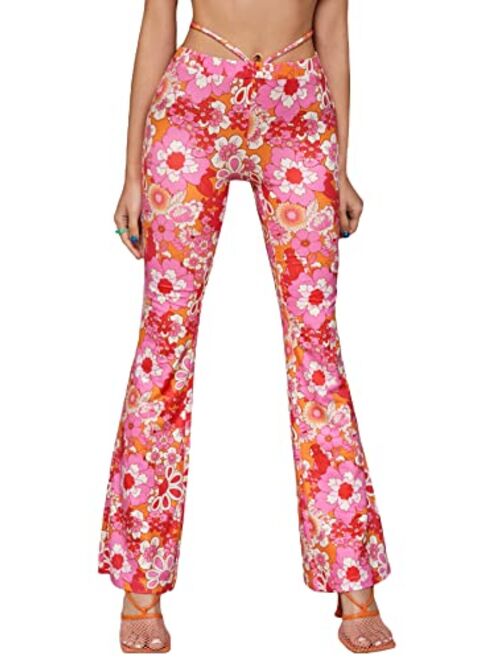 Romwe Women's Bootcut High Waisted Yoga Pants Sunflower Print Wide Leg Pants Trousers